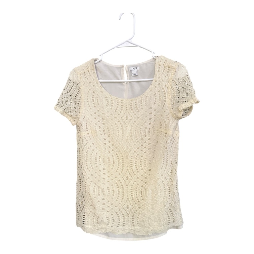 J.Crew Cream Lace Blouse Eyelet Scallop Short Sleeve Lined Scoop Neck Women's 4